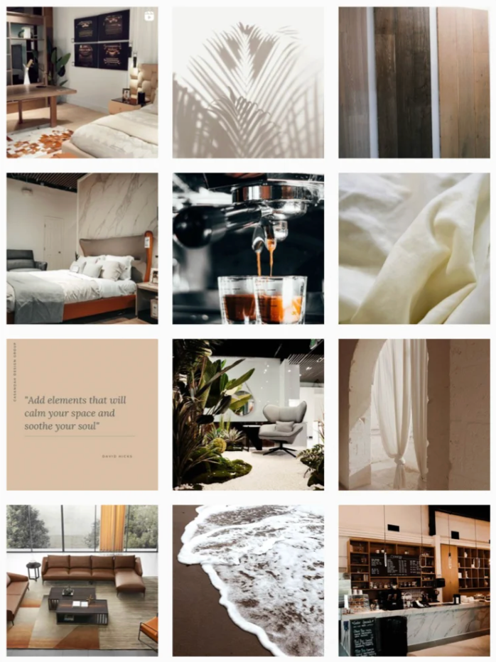 Warm neutral feed aesthetic — interiors, linen textures and taupe quote tiles