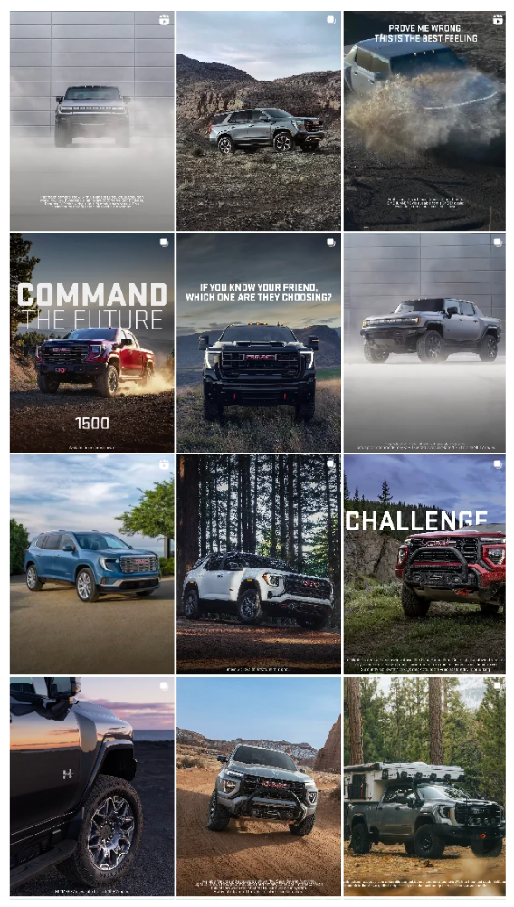 Automotive feed aesthetic — vehicle campaign frames and bold headline treatments