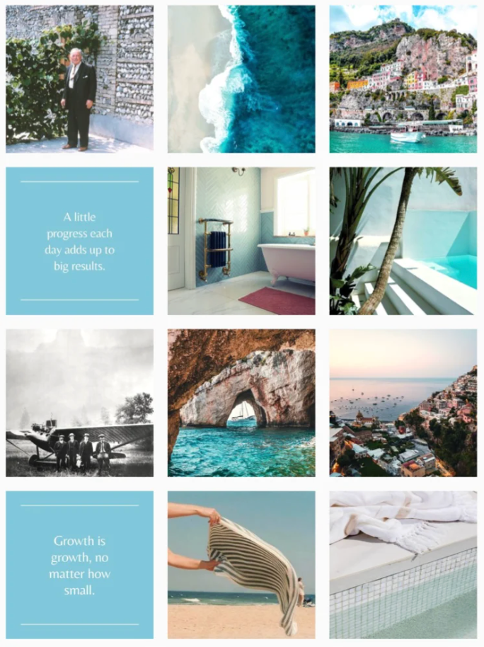 Coastal feed aesthetic — turquoise water, travel scenes and soft blue quote tiles