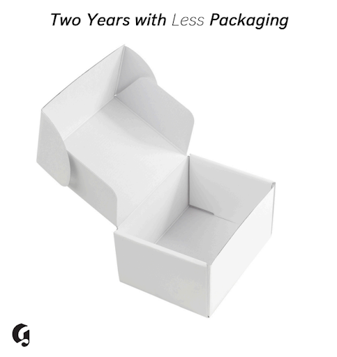 Glossier 'Two Years with Less Packaging' minimal box still life