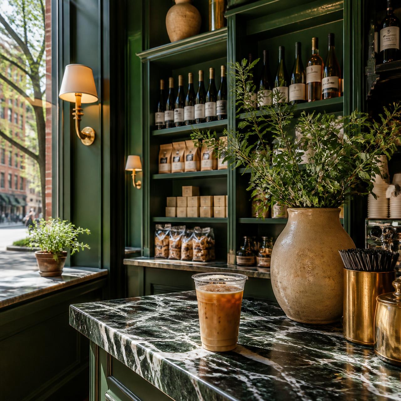 Upscale corner market interior with iced coffee on a marble counter