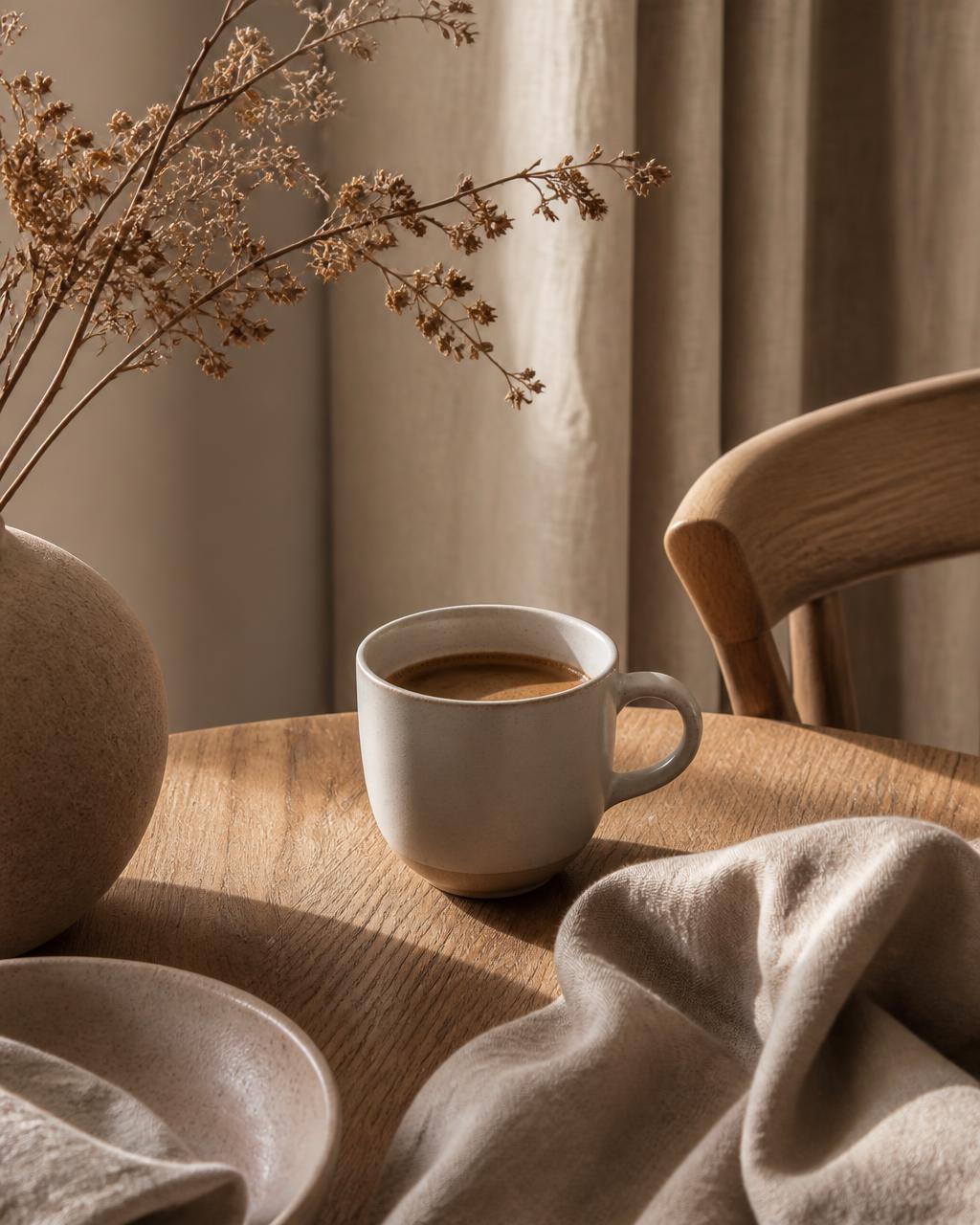 Warm interior detail with linen, oak and a ceramic coffee cup