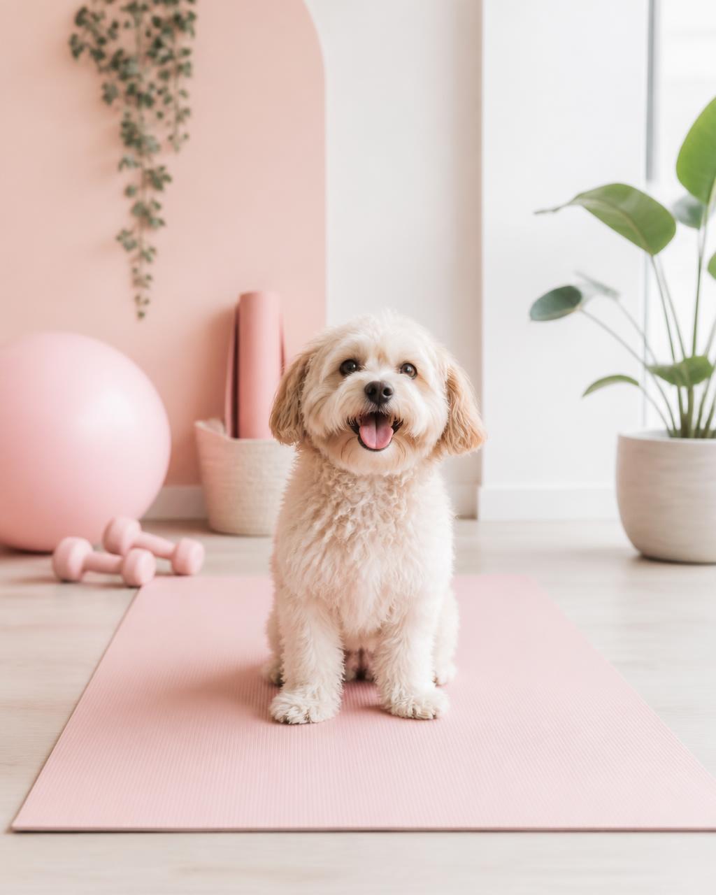 Small dog sitting on a pink mat in a bright wellness studio
